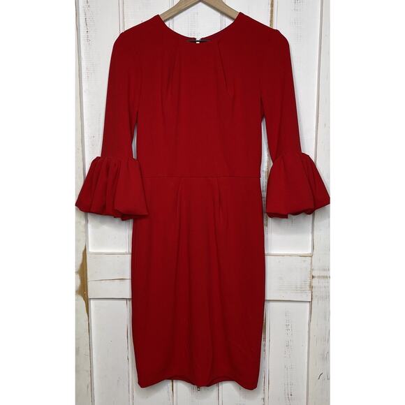 BETSY & ADAM Red Bell Sleeve Gold Zipper Midi Formal Sheath Cocktail Dress 4 - Picture 1 of 12